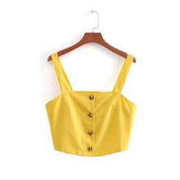 Women vintage candy Colour linen sling tee shirt spaghetti strap buttons camis tank ladies summer vest sling tops LS2335 210603