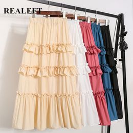 Spring Summer Pleated Long Skirts Solid Ruffles Elegant Umbrella High Waist Tulle A-Line Female 210428