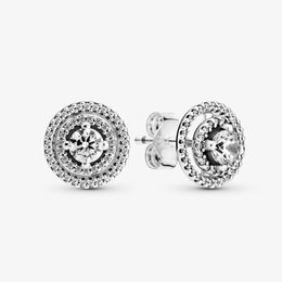 Authentic 100% 925 Sterling Silver Sparkling Double Halo Stud Earrings Fashion Wedding Jewelry Accessories For Women Gift