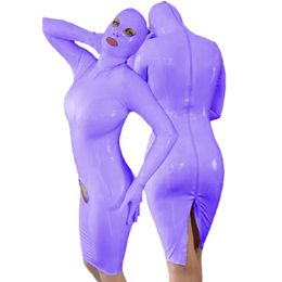 Spaß Leder Frauen Cosplay Halloween Maskierte Mit Kapuze Jumpsuits Nachtclub Bar DS Kleidung Sexy Damen Kleid Doppel Reißverschluss Kleid