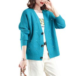 Knitted sweater women short loose blue pink cardigans autumn winter Korean sweet fashion v neck slim sweaters LR885 210531