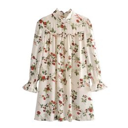 Summer Women French Retro Lotus Leaf Decoration Small Floral Dress Female Elastic Ruffle Sleeves Lined Mini Dresses 210531