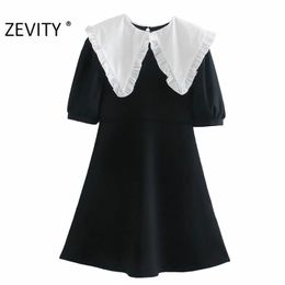 Women Sweet Agaric Lace White Peter Pan Collar Patchwork Knitting Black Mini Dress Female Short Sleeve Vestido DS4586 210420