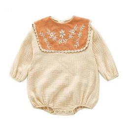 Solid Colour Autumn Newborn Infant Baby Girls Linen Bodysuit Outfits Jumpsuit Embroidery Flower Kids Bodysuits 210413