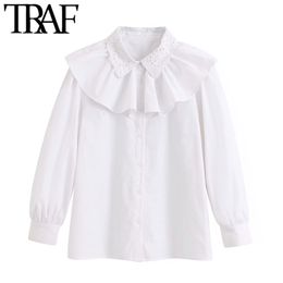 TRAF Women Sweet Fashion Embroidery Ruffled White Blouses Vintage Puff Sleeve Buttons Female Shirts Blusas Chic Tops 210415