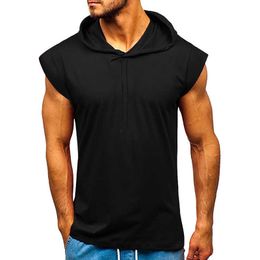 Mens Com Capuz Tanque Verão Sem Mangas Sem Mangas Tops Drawstring Homens Roupas Casuais Preto Branco Coletes Branco Slim Fit Mens Hoodies Y0804