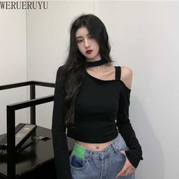 WERUERUYU Women Off Shoulder Blouse Sexy Women One-shoulder Long-sleeved Solid Colour Sling Shirt Summer Women Top 210608