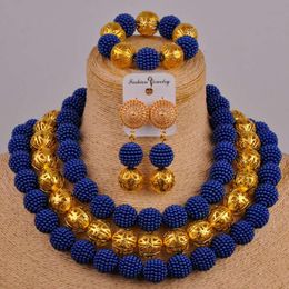 Earrings & Necklace Royal Blue Simulated Pearl Beads Costume African Jewellery Set Women Nigerian Wedding ZZ20