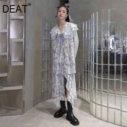 DEAT New Autumn Summer Fashion Office Lady Long Sleeve Tie Dye Printed Metal Chain Asymmetric Thin Coat Top Women SG121 210428