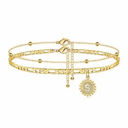 14K Gold Plated Anklets Ankle Bracelets for Women Dainty Layered Figaro Chain CZ A-Z Initial Anklet Summer Jewellery Gifts