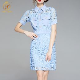 Fashion Runway Vintage Summer Dress Women Short Sleeve Elegant Beaded Buckle Blue Lace Hollow Out Vestidos 210520