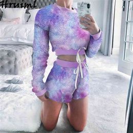 Two Piece Set Crop Top Women Fashion Print Long Sleeve Drawstring Short Pants Sets Autumn Winter Sexy Outfits Clothes 210513