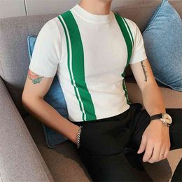 British Style Summer Slim Fit Knitted T Shirts Men Short Sleeve Fashion O-Neck Contrast Colour Striped Tee Shirt Homme 3XL 210409