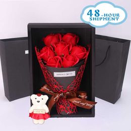 Wedding Gift 7 Soap Rose Flower Gift Box Bouquet Stuffed Bear Wife Present Artificial Flowers Valentine's Day Birthday Party 210624