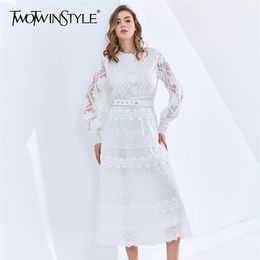 Patchwork Lace OL Dress For Women O Neck Long Sleeve High Waist Sashes Midi Dresses Female Fashion Clothing 210520