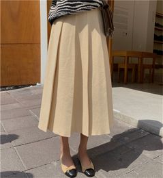 Autumn Winter High Waist Vintage Solid Knitted Pleated Skirt OL Elegant Fashion All-match Thick Long Skirts Womens 210421