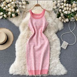 SINGREINY Women Retro Print Knitted Dress Korean Fashion Sleeveless Pencil Dresses Summer Off Shoulder Halter Slim Party Dress 210419