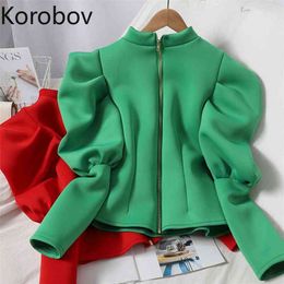 Korobov New Office Lady Zipper Women Hoodies Korean O Neck Slim Crop Sweatshirts Vintage Elegant Puff Sleeve Hoodie 210430