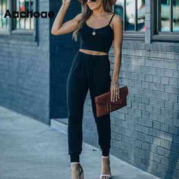 Women Tracksuits Fashion 2 Piece Set Female Short Camisole Top Sets Long Jogger Pants Solid Casual Ladies Outfits 210413