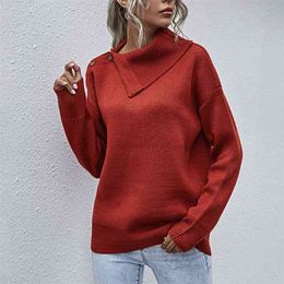 Knit Side Lapel Pullovers Women Autumn and Winter Casual Shoulder Button Half-Open Collar Sweater Women's 210508