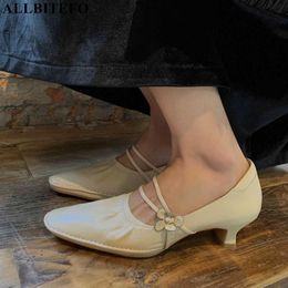 ALLBITEFO fashion retro genuine leather flowers brand high heels party women shoes zapatos de mujerheels shoes high heels shoes 210611
