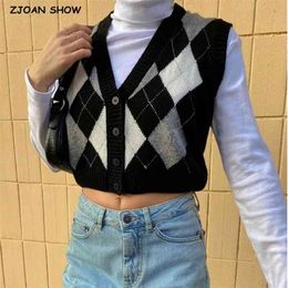 Spring V neck Jacquard Plaid Knitting Vests Retro Sleeveless Sweater Buttons Vintage Women Cropped Cardigan Casual Knitwear 210429