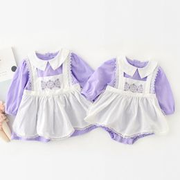 Spring Autumn Kids Girl Fake Two Piece Rompers Infant Baby born Dress Clothes 210429