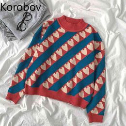Korobov Korean Vintage Long Sleeve Women Turtleneck Sweaters Office Lady Hit Color Patchwork Sueter Mujer Streetwear Pullovers 210430
