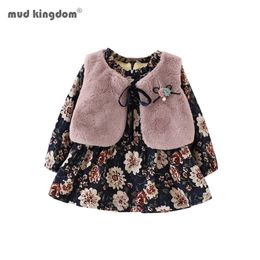 Mudkingdom Baby Girl Clothes Set Winter Girls Long-Sleeve Floral Princess Dress Faux Fur Vest 210615