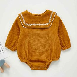 Baby Girl Bodysuits Sailor Collar Long Sleeves Embroider Rompers born Clothes 210429
