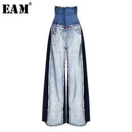 [EAM] High Waist Blue Contrast Colour Denim Burr Wide Leg Jeans Loose Women Trousers Fashion Spring Autumn JR841 211129