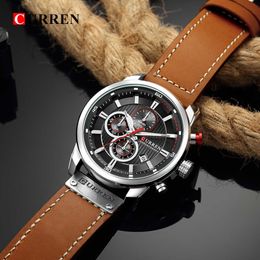 Curren 8291 Chronograph Watches Casual Leather Watch for Men Fashion Military Sport Mens Wristwatch Gentleman Quartz Clock Q0524