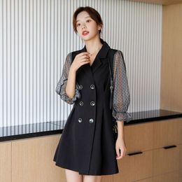 Autumn Mesh Three Quarter Sleeve patchwork Notched Collar Double-Breasted Suit Slim dress Women's Mini party Dresses 210514