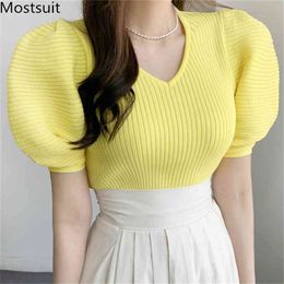 Puff Sleeve V-neck Knitted Pullover Sweater Women Summer Korean Solid Slim Fashion Female Jumpers Tops Femme 210513