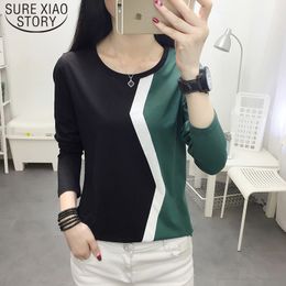 Spring Long Sleeve Spliced Women Tops Cotton O-neck Autumn women tshirt Office Lady korean fashion clothing 5576 50 210510