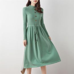 Turtleneck Knitted Dress Women Korean Drawstring Waist A-line Dress Autumn Winter Elastic Warm Casual Sweater Dresses 210419