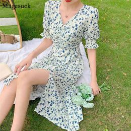 French Chic Summer Floral Dress Women Vintage Split Sexy Elegant Casual Slim Short Sleeve Print Robe Femme 14554 210512