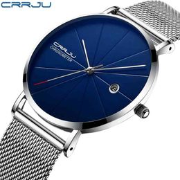 CRRJU Men's Watches luxury Brand Men Fashion Sports Quartz-watch Stainless Steel Mesh Strap Ultra Thin Watches Gift Clock 210517
