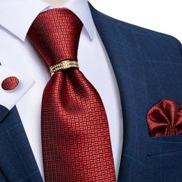 mens red bow tie UK - Bow Ties Silk For Men Lxury Red Tie Set Plaid Solid Neck Handkerchief Cufflinks Marrige Accessories Gold Ring