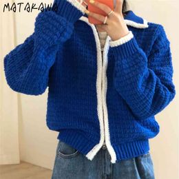 MATAKAWA Korean Fashion Contrast Color Cardigan Women Zipper Loose Thick Stitch Women's Sweaters Short Lapel Sweater Coat Tops 210914
