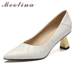 Meotina Pumps Women High Heel Genuine Leather Shoes Pointed Toe Shallow Office Shoes Pearl Strange Style Heels Footwear Beige 210520