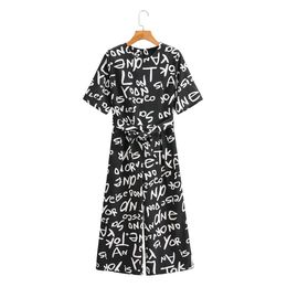 Vintage Round Neck Short Sleeve Letter Printing Women Bodysuit Fashion Loose Straight Chic Female Jumpsuit 210507