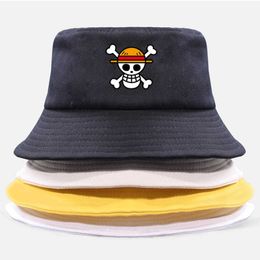 One Piece Bucket Hat Panama Cap the Pirate King Anime Luffy Harajuku Women Men Cotton Outdoor Sunscreen Wide Brim Hats Caps Q0805