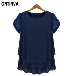 Plus Size Loose Chiffon Blouses for Women Navy Blue White Color Irregular Short Sleeve Summer Fall Fashion Tops Blusas Clothing 210527