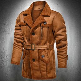 Winter Jacket Men Vintage Suede Leather Jacket Long Overcoat Men Fur Lined Warm Trench Coat Lapel Slim Belt Fashion Clothing 211009