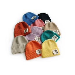 M390 New Autumn Winter Kids Knitted Hat Candy Colour Skull Cap Embroidery Letters Applique Boys Girls Warm Beanie Children Hats