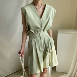 Korea Chic Vest V-neck Single-breasted Sleeveless Suit Top + High Waist Loose Knee Length Pants Women Summer W1388 210510