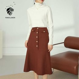 FANSILANEN High waist wool blend long skirt Women ruffle pocket sexy bodycon Autumn winter Grey office lady elegant 210607