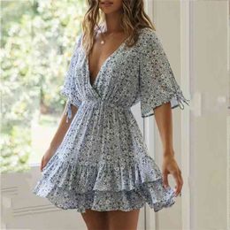 Foridol Print Summer Boho Dress for Women Flare Sleeve V Neck Floral Short Dress Sundress Casual Blue Beach Dress Vestidos 210415