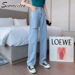 SURMIITRO Fashion Blue Korean Style Hole Wide Leg High Waist Boyfrind Mom Jeans Women Floor Length Long Denim Pants Female 210712